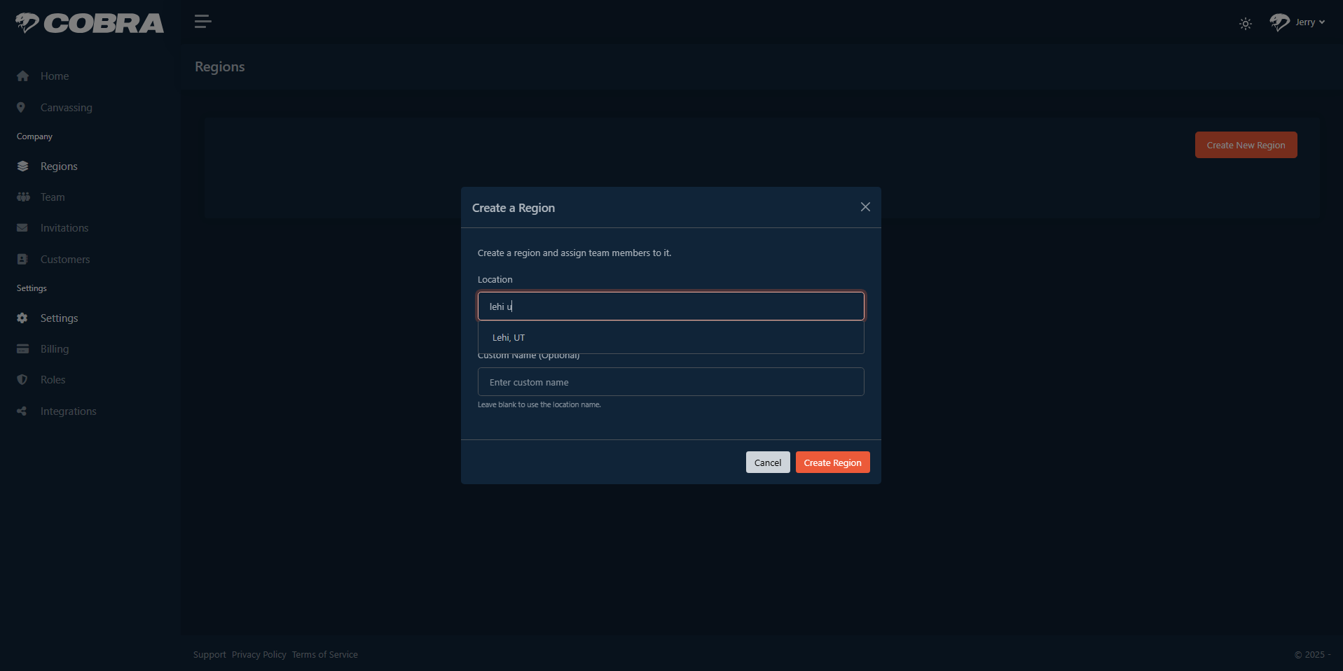 COBRA desktop create region