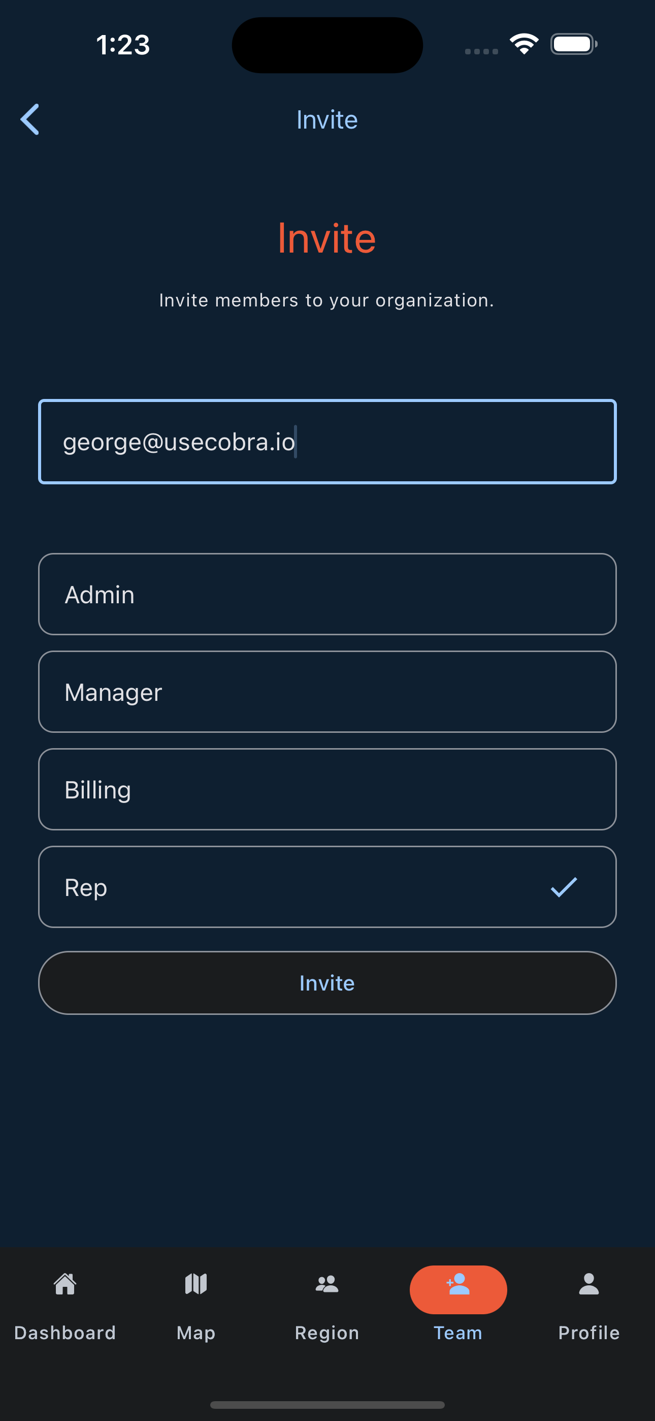 COBRA mobile invite email